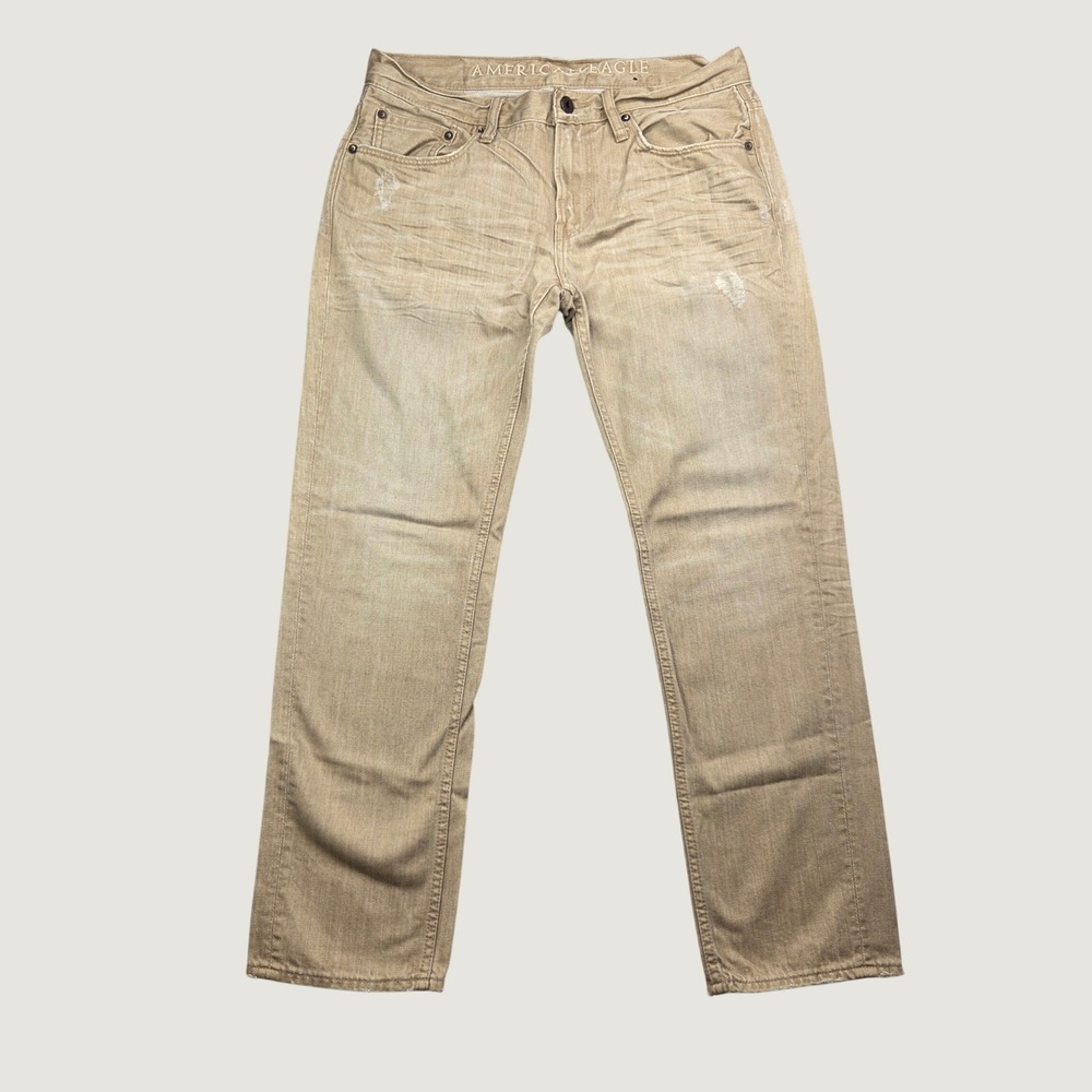American Eagle Slim Jeans Mens 32x30 Khaki Tan Distressed Denim Workwear Skater